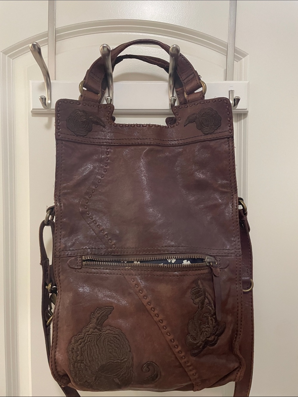 Leather Floral-Embossed Women’s Tote Bag - Brown